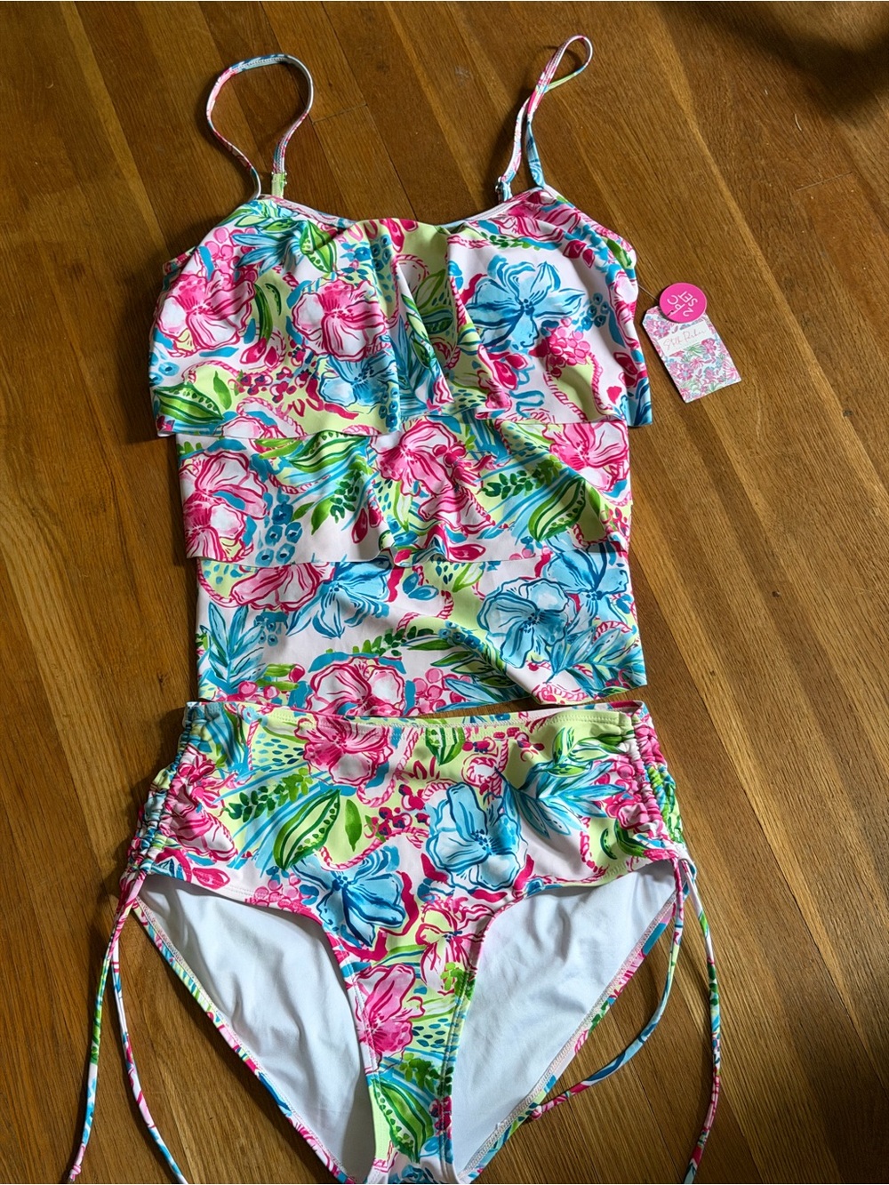 NWT Stella Parker tiered ruffle tankini swimsuit Size L Multi Color